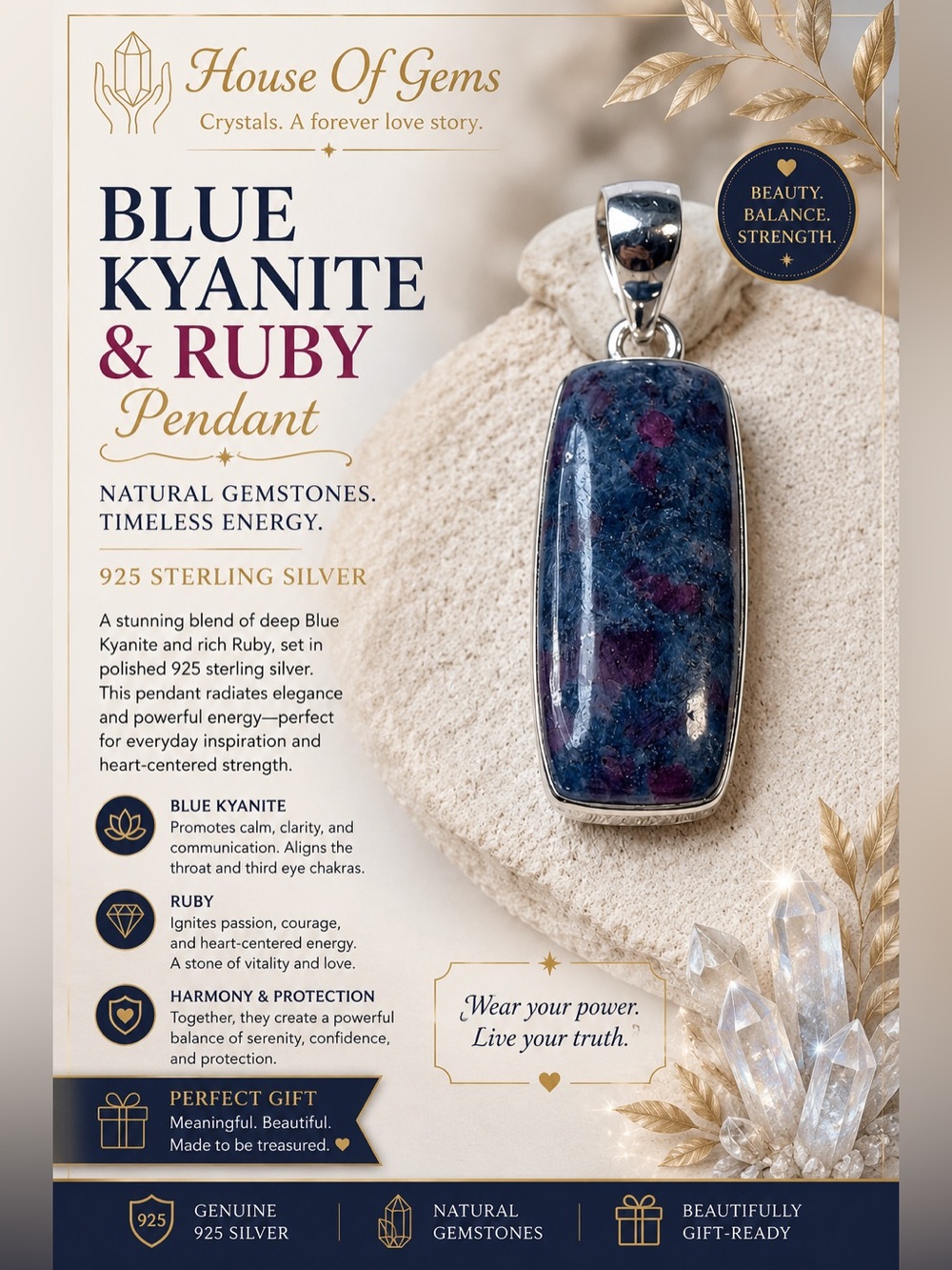 Blue Kyanite & Ruby Pendant 925 Silver